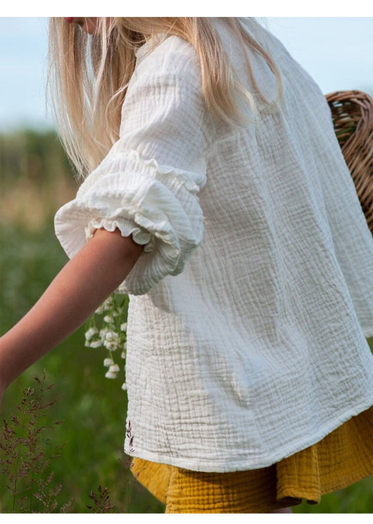 Blusa Retro de Algodón Cuello Redondo con Pliegues en el Pecho y Mangas Obispo - Image 15