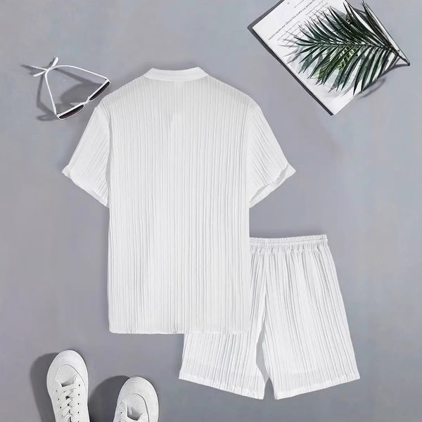 Conjunto Casual de 2 Piezas: Camisa Cuello Parado y Shorts para Hombre