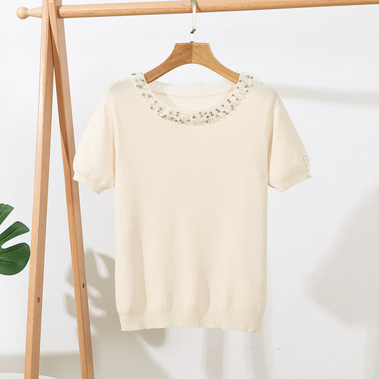 Blusa Suelta de Cuello Redondo con Cuentas en Colores Sólidos - Image 2