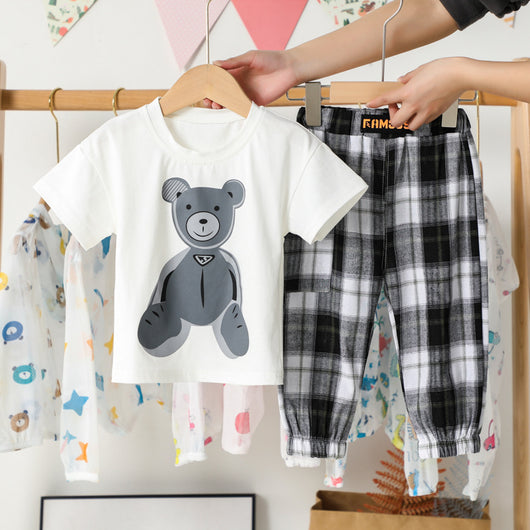 Conjunto Infantil Osito Cartoon: Playera Manga Corta y Pantalón Cuadros