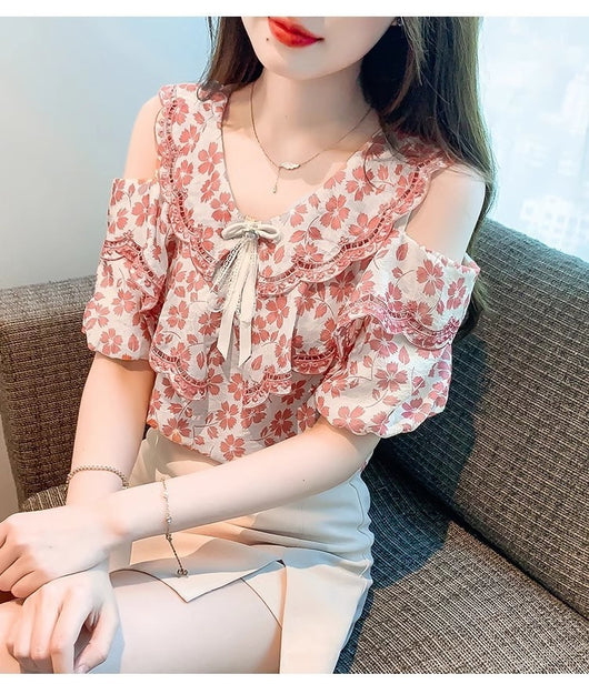 Blusa Chiffon Floral Hombro Descubierto - Camisa Romántica de Manga Corta - Image 24