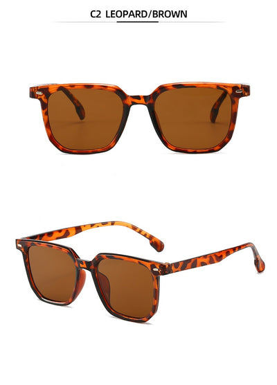 Large frame square sunglasses with a transparent champagne-colored frame and brown lenses. - Image 17