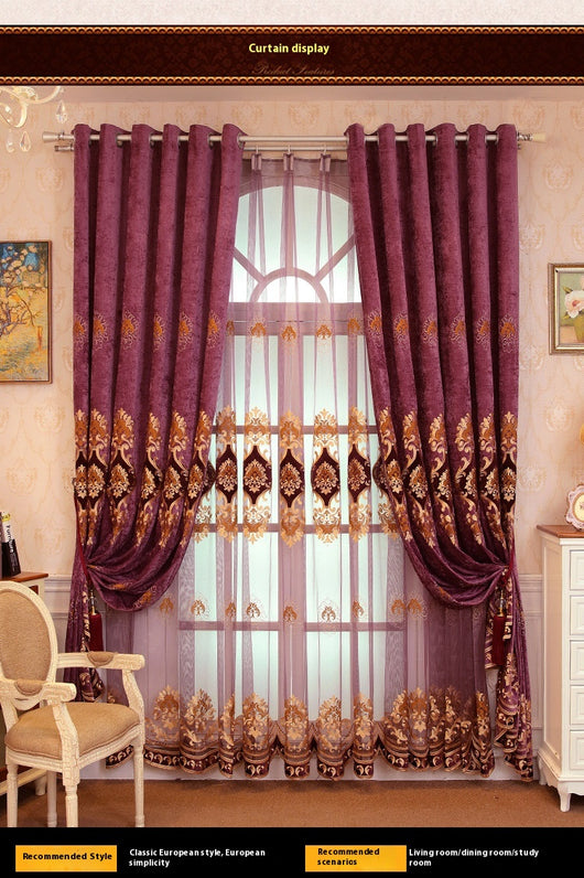 Purple chenille velvet curtains with gold embroidery, tied back to reveal a sheer embroidered curtain behind. - Image 11