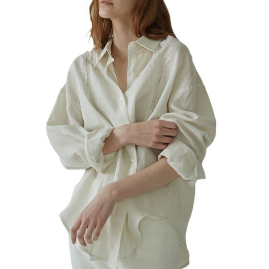 Blusa Lino Bordado Hueco Francés Suelta Manga Larga - Image 5