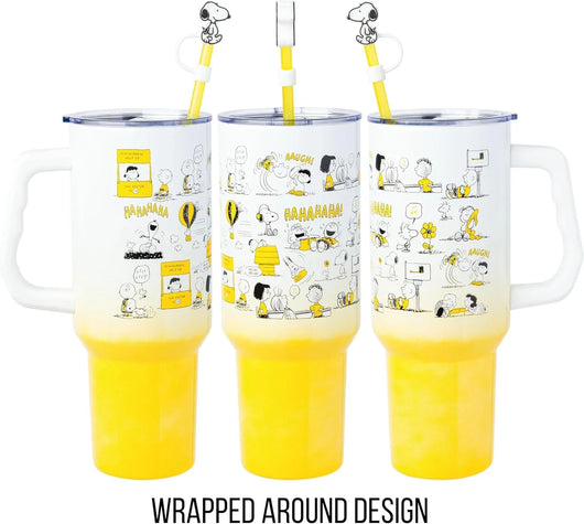 Vaso térmico de acero inoxidable Peanuts 40 oz con tapa, sorbete y asa – Apto para portavasos - Tekeno