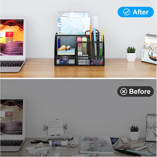 Organizador de escritorio EasyPAG de malla – Multifuncional, 6 compartimientos con cajón, ideal para papelería escolar y oficina, color negro - Tekeno