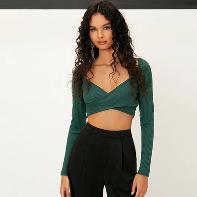 Blusa Crop Top Escote V Mujer Ajustada Punto Liso Versátil - Image 6