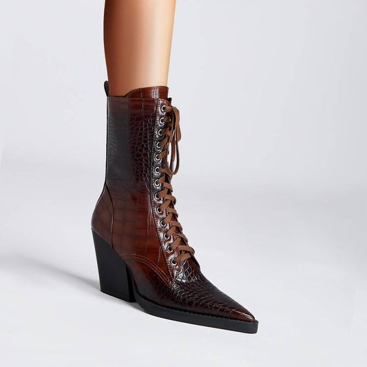 Botas Tacón Grueso Retro con Patrón de Piedra y Cordones - Estilo Fashion
