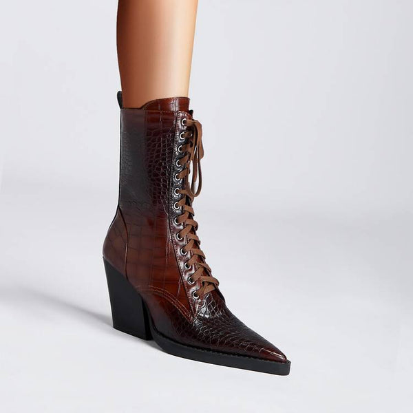 Botas Tacón Grueso Retro con Patrón de Piedra y Cordones - Estilo Fashion
