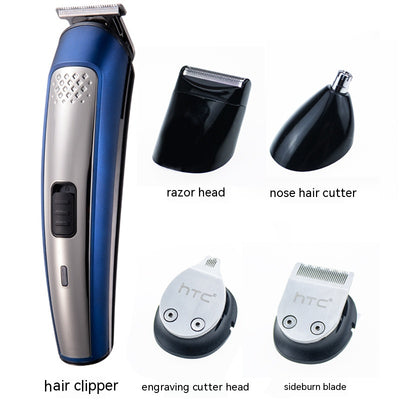 Five-in-one HTC electric hair clipper set with multiple attachments and a black charging stand on a dark background. - Image 4