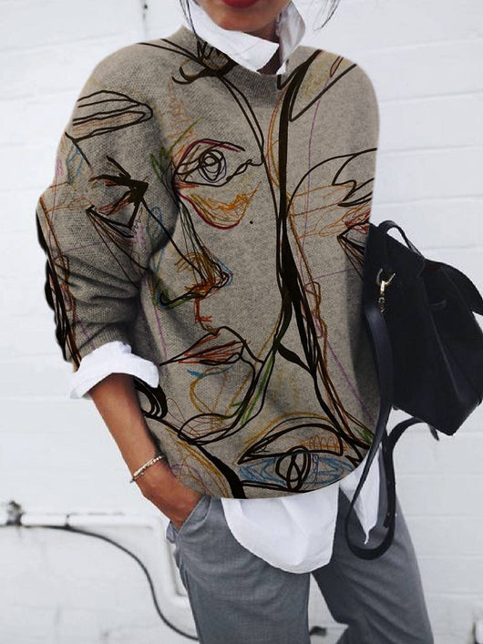 Blusa Suelta Estampado Retrato Manga Larga para Mujer - Image 9