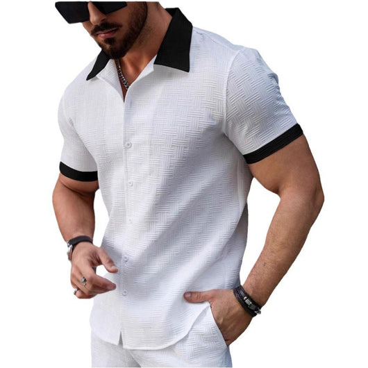 Camisa Casual Hombre Jacquard Bloques de Color Manga Corta - Image 5