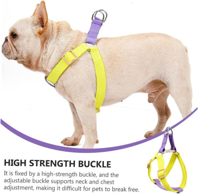 Yellow and purple no-pull dog harness with adjustable nylon straps, plastic buckles, and metal D-rings. - Image 5