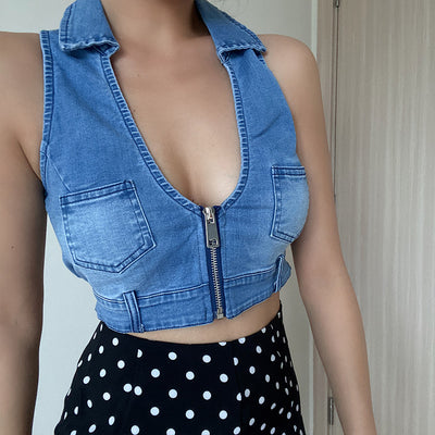 Top Sin Mangas Cuello Profundo Vintage Desgastado con Bolsillo y Cierre - Image 4
