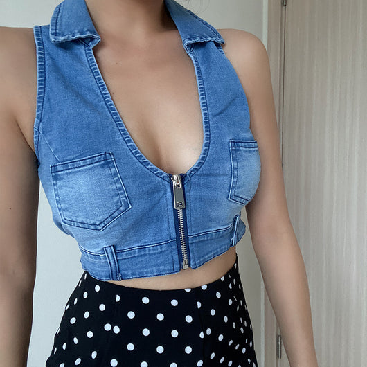 Top Sin Mangas Cuello Profundo Vintage Desgastado con Bolsillo y Cierre - Image 4