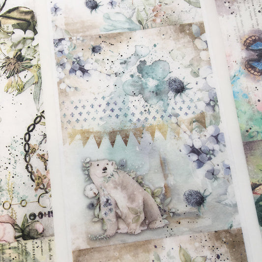 Two rolls of vintage floral washi tape with clocks, feathers, and text overlays, measuring 55mm x 5m. - Image 2