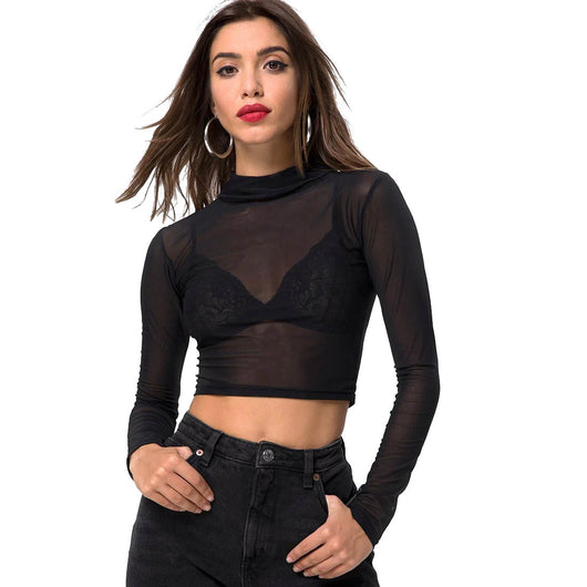 Blusa Mesh Ajustada Transparente de Manga Larga para Mujer - Image 3