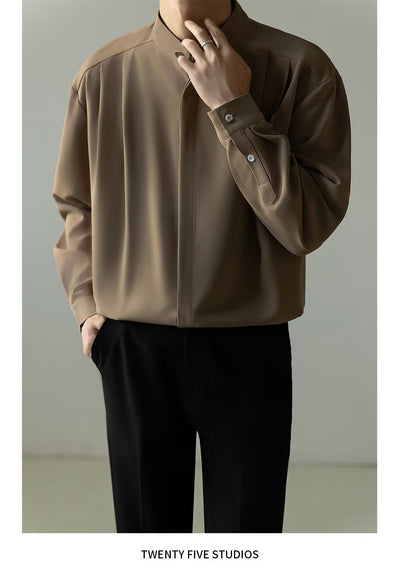 Camisa Casual Holgada de Manga Larga con Cuello Alzado para Hombre - Image 25