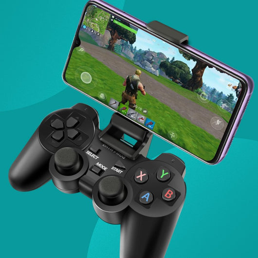Black wireless Android gamepad with dual analog sticks, D-pad, and face buttons, shown with dimensions. - Image 5