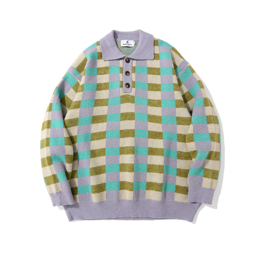Suéter Polo Cuadros Hombre Estilo Urbano Corte Relajado - Image 13