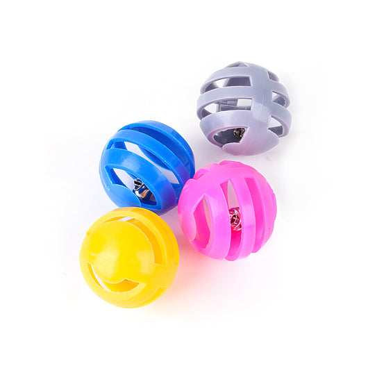 Four colorful plastic bell balls for cats in yellow, pink, blue, and grey, featuring a slotted design. - Image 4