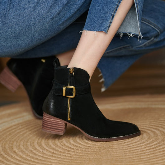 Zapatos de Tacón Medio con Cremallera Lateral y Punta Redonda para Mujer
