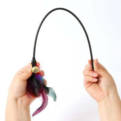 Three cat teaser wands with black sticks, colorful feathers in purple, red, and teal, and small gold bells. - Image 7