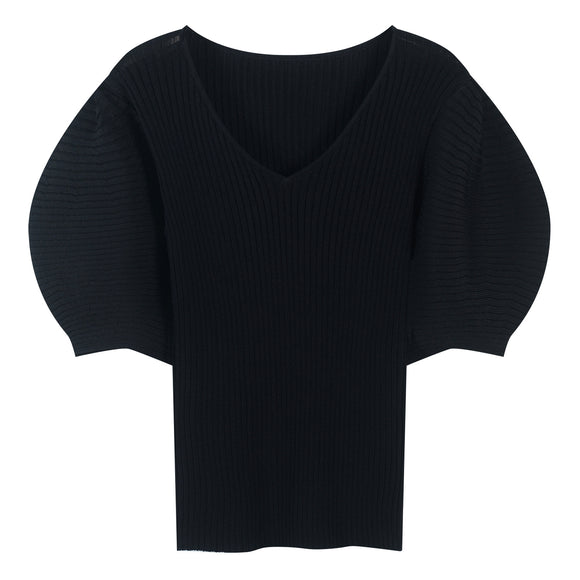 Blusa de Punto Escote en V con Mangas Abullonadas Holgadas