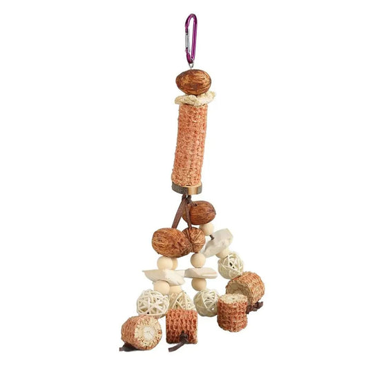 Hanging parrot chew toy made from natural wood slices, corncob, vine balls, and colorful textured blocks. - Image 7