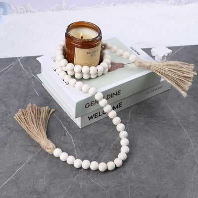 Guirnalda rústica de cuentas de madera Farmhouse Beads – 147 cm con borlas, decoración boho country para pared y espacios de oración - Tekeno