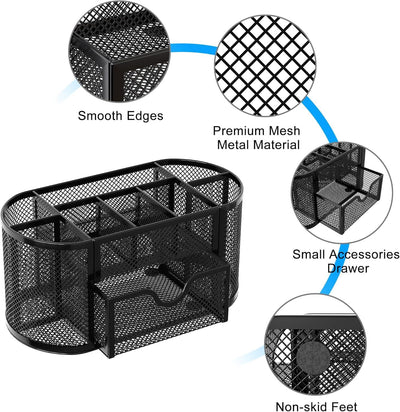 Organizador de escritorio EasyPAG de malla – Multifuncional, 6 compartimientos con cajón, ideal para papelería escolar y oficina, color negro - Tekeno