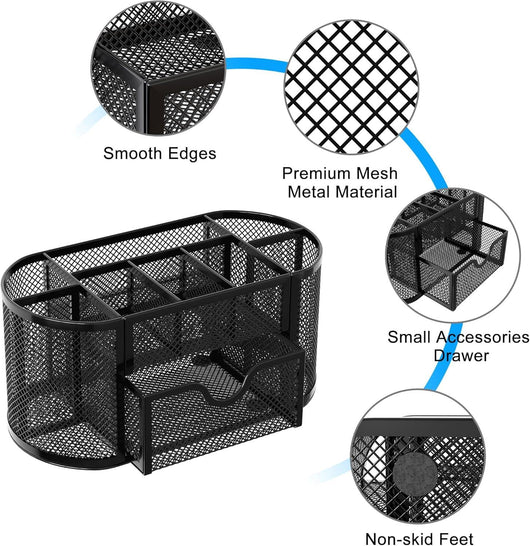 Organizador de escritorio EasyPAG de malla – Multifuncional, 6 compartimientos con cajón, ideal para papelería escolar y oficina, color negro - Tekeno
