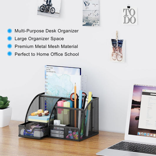 Organizador de escritorio EasyPAG de malla – Multifuncional, 6 compartimientos con cajón, ideal para papelería escolar y oficina, color negro - Tekeno
