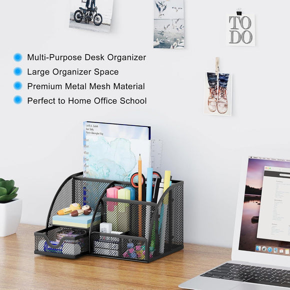 Organizador de escritorio EasyPAG de malla – Multifuncional, 6 compartimientos con cajón, ideal para papelería escolar y oficina, color negro