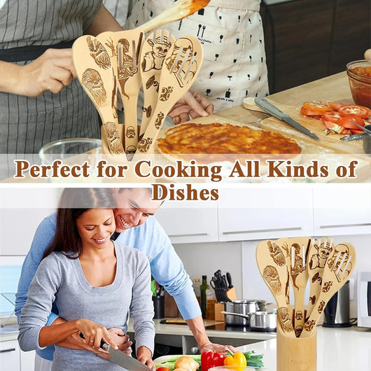 Set de 5 utensilios de cocina de madera Star Wars – Cucharas grabadas estilo quemado, ideal para regalos divertidos y decoración temática - Tekeno