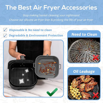 [2 Pack] Silicone Air Fryer Liners Square - Reusable Airfryer Basket - Easy to Clean Air Fryers Pot for 5.8 to 8 Qt Large Air Fryer Baking Tray Oven Accessories, 8.5 Inch - Tekeno