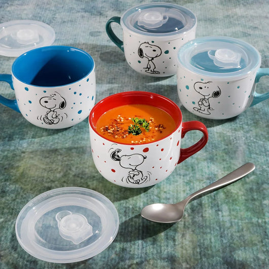 Set de 4 cuencos apilables de gres Peanuts – Snoopy y amigos, 14 cm, aptos para microondas y lavavajillas - Tekeno