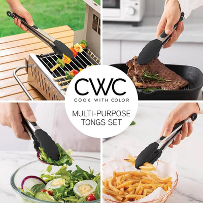 Stainless Steel Silicone Tipped Kitchen & BBQ Tongs Set, 3 Pc. Tongs, Black - Tekeno