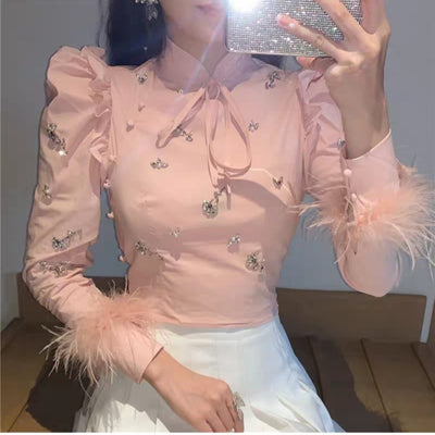 Camisa Monócromo Diamante Manga Larga Cuello Mao