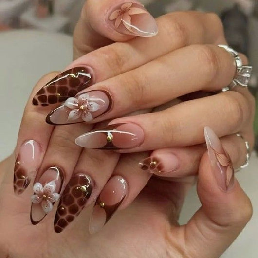 Set de 24 Uñas Postizas Almendra Larga con Flores Aurora - Image 10