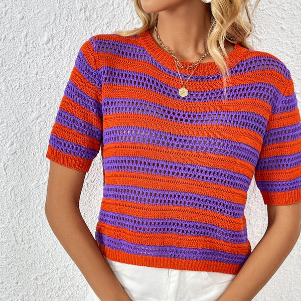 Suéter Tejido para Mujer con Capucha y Rayas, Manga Corta y Diseño Patchwork