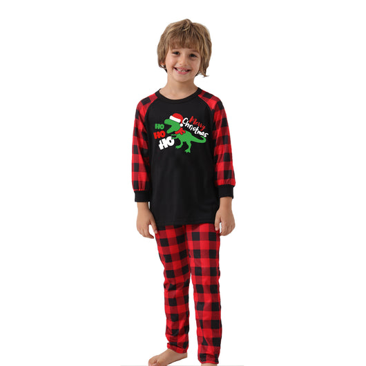 Black baby romper with red plaid sleeves and cuffs, featuring a green dinosaur wearing a Santa hat and "Merry Christmas" text. - Image 4