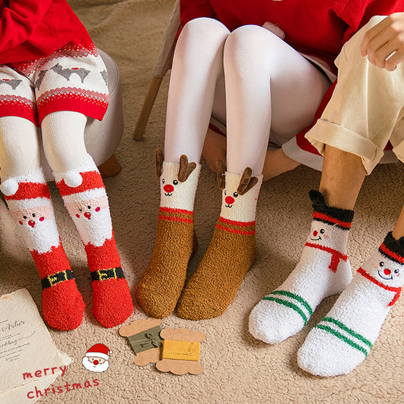 Calcetines Navideños Infantiles de Felpa Coral Antideslizantes con Diseños de Reno, Papá Noel y Muñeco de Nieve