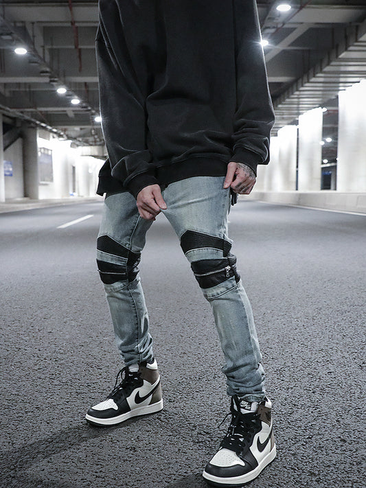 Jeans Slim Fit Biker con Parches de Cuero y Cierre Elástico