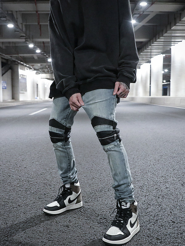 Jeans Slim Fit Biker con Parches de Cuero y Cierre Elástico