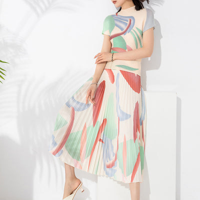 Conjunto de Dos Piezas Elegante con Blusa Plisada y Falda Estampada - Image 3