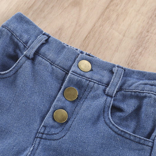 Conjunto Infantil: Top Escotado y Pantalón Denim de Color Sólido - Image 7