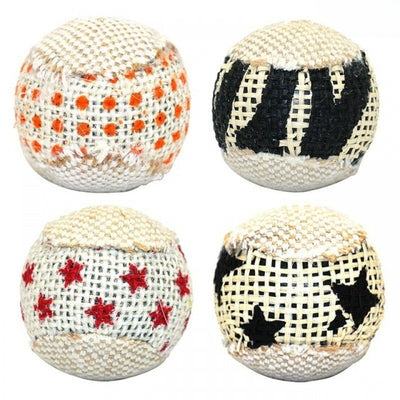 Four interactive cat toy chewing balls with woven textures and various patterns including polka dots, stripes, and stars. - Image 5