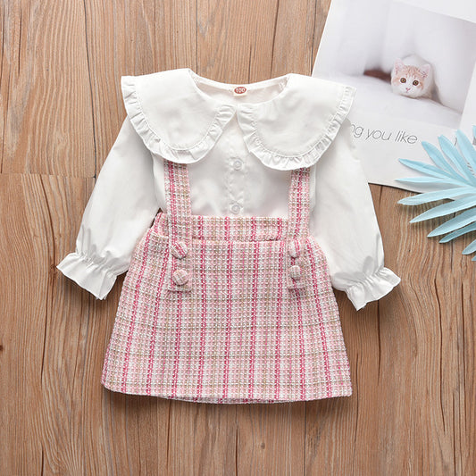 Conjunto Falda Cuadriculada Dos Piezas Manga Larga Estilo Coreano