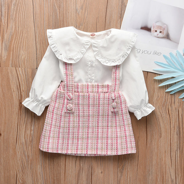 Conjunto Falda Cuadriculada Dos Piezas Manga Larga Estilo Coreano